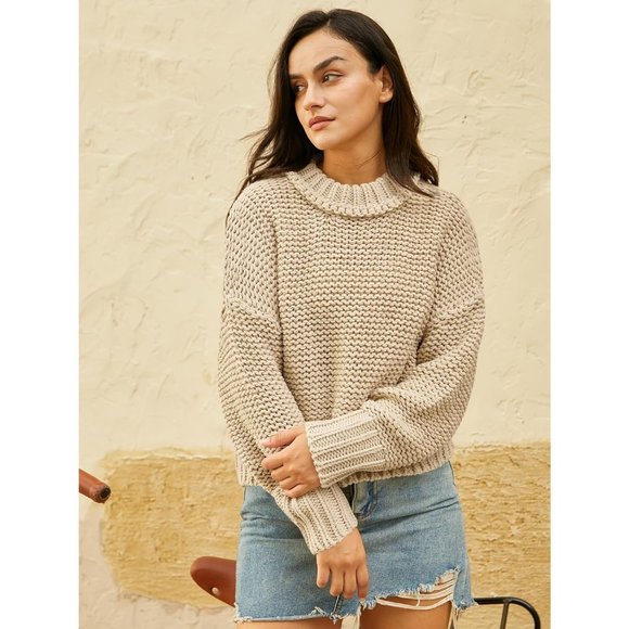 Women's Crewneck Chunky Knit Batwing Long Sleeve Loose Pullover Sweaters Tops - Picture 3 of 6